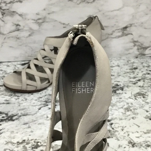 Eileen Fisher Cage Strap Lattice  Leather Gray Wood Wedge Sandal - Picture 3 of 12